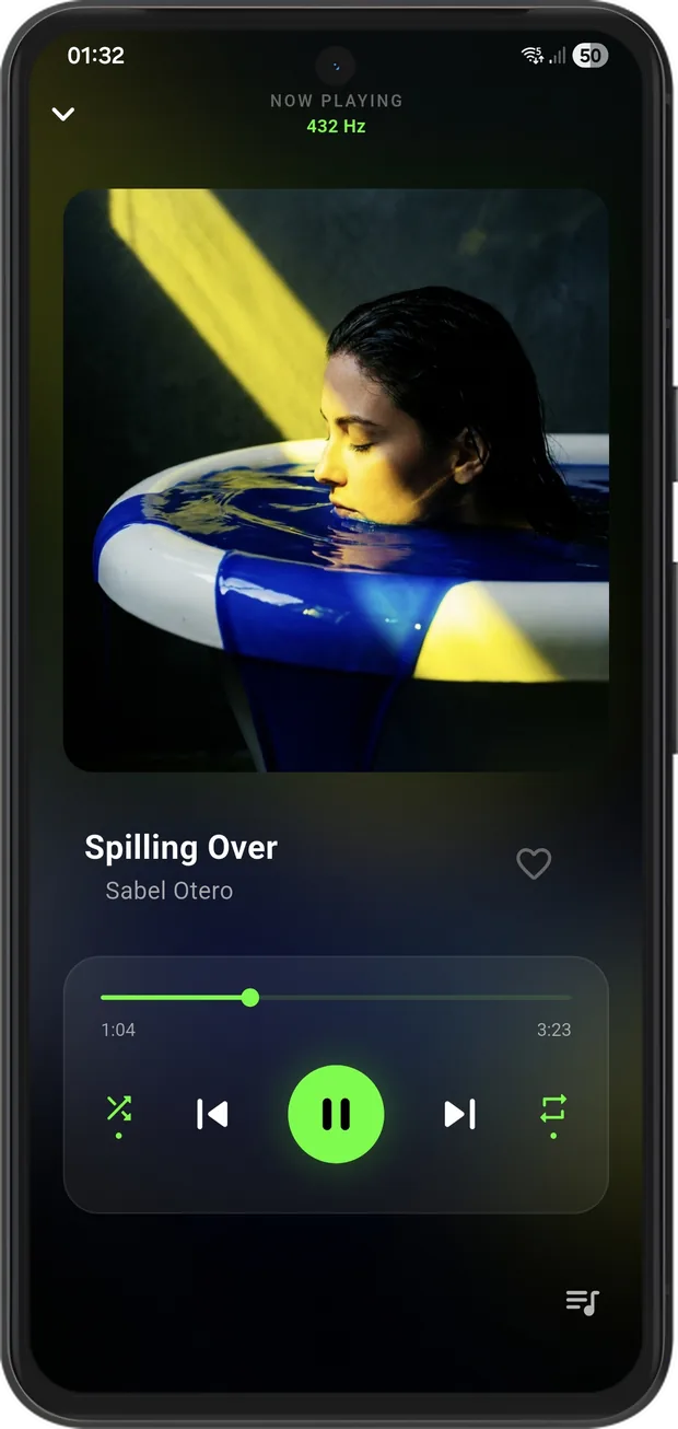 Attune playback engine and 432 Hz controls on a Google Pixel