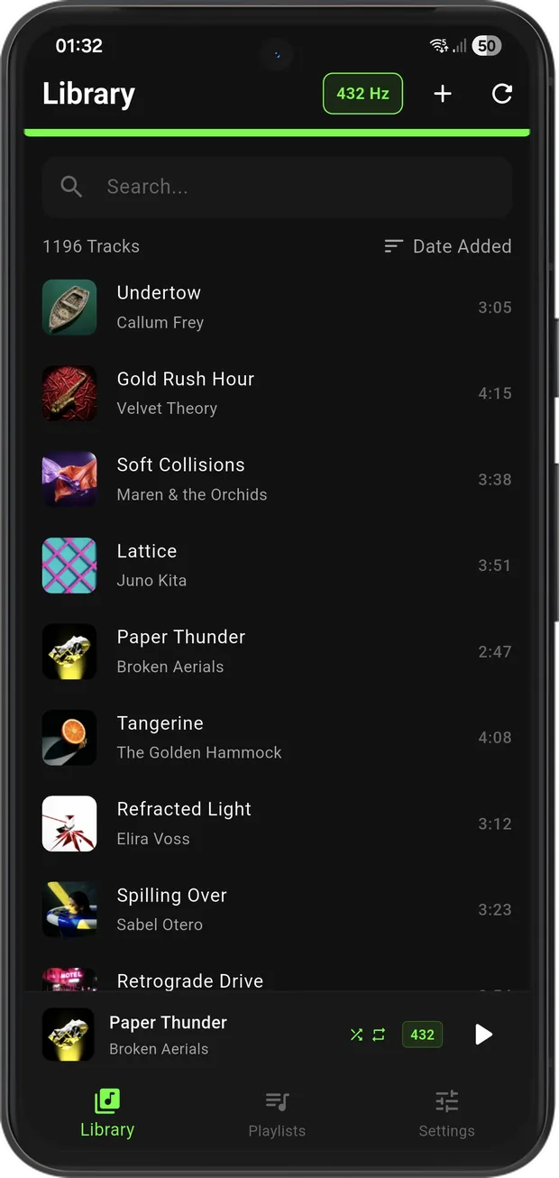 Attune library view with album artwork on a Google Pixel